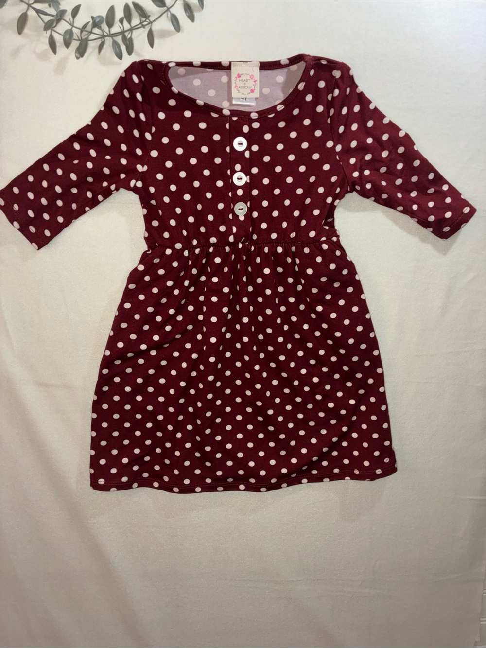 heart & Arrow Girls' Polka Dot Burgundy Knit Dress with Button Front
